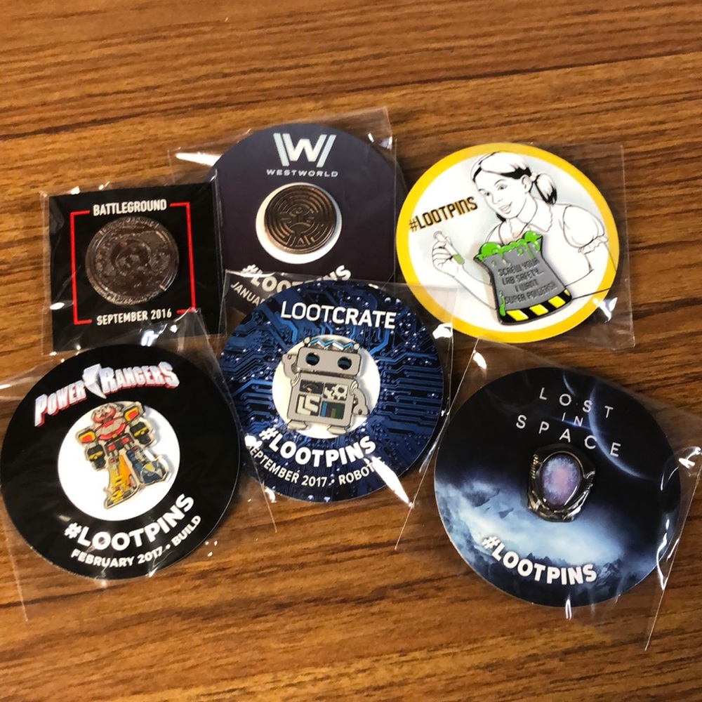 Collection of LootCrate LootPins. Lost in Space, Power Rangers, Westworld, etc